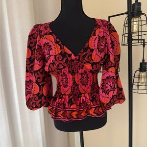 House of Harlow 1960 Nicole Ritchie Floral Balloon Sleeve Smocked Top Size Small